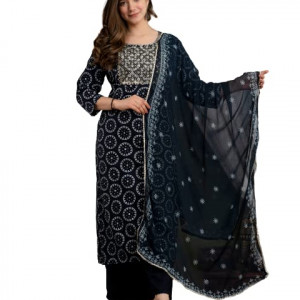 Women's Rayon Printed & Embroidery Work Straight Kurta with Palazzo & Dupatta Set