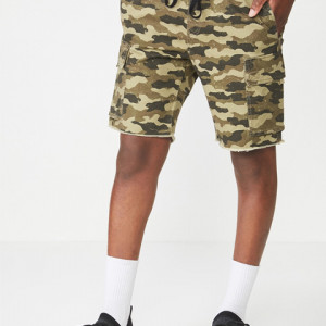 Men Olive Green & Beige Printed Regular Fit Cargo Shorts