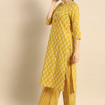 Women's Yellow Colour Cotton Printed Kurta with Palazzo Set