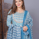 Women's Cotton Printed Anarkali Kurta with Palazzo & Dupatta Set with Handwork